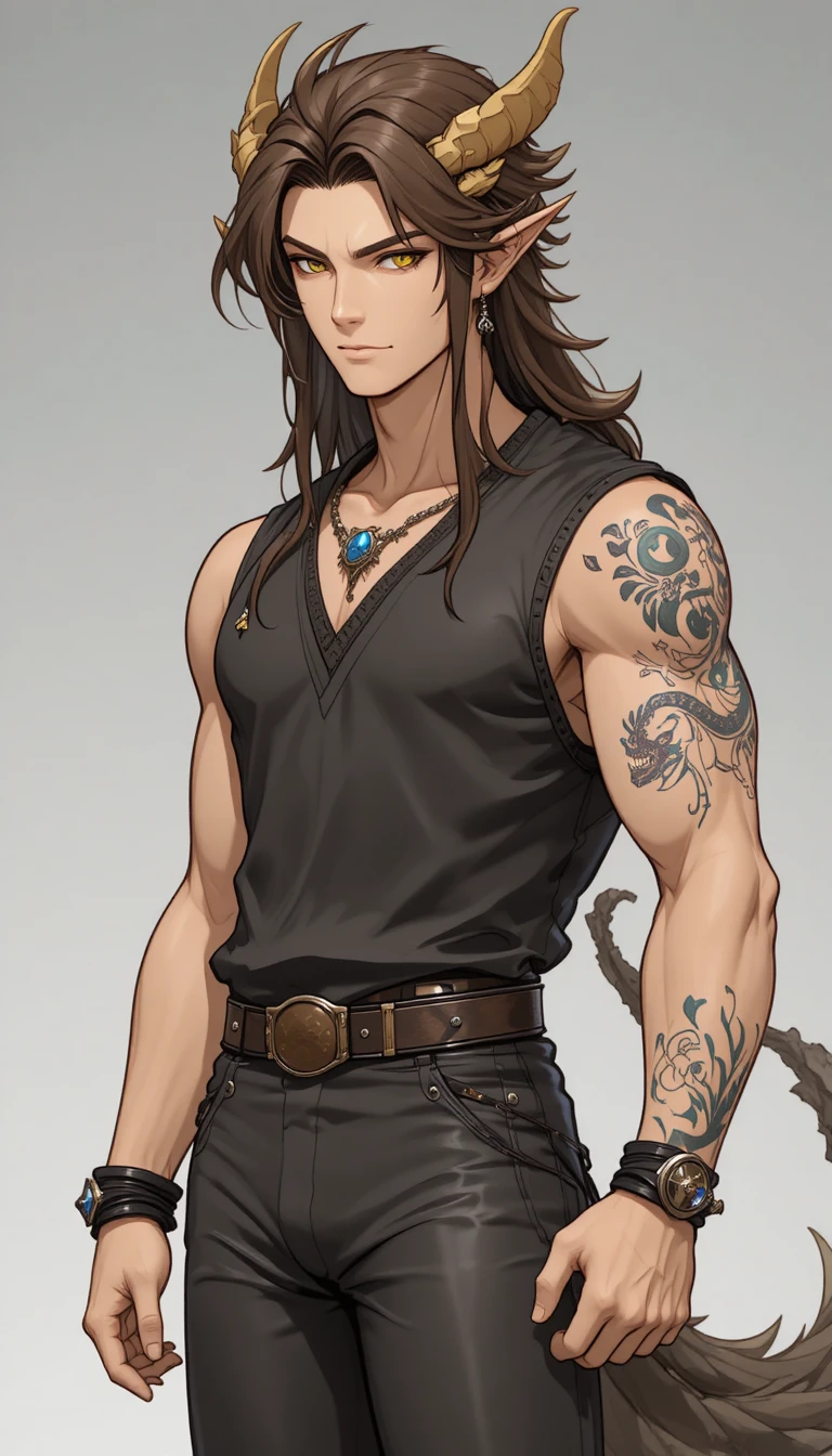 A fantasy man with dragon wings, curved horns, and amber eyes