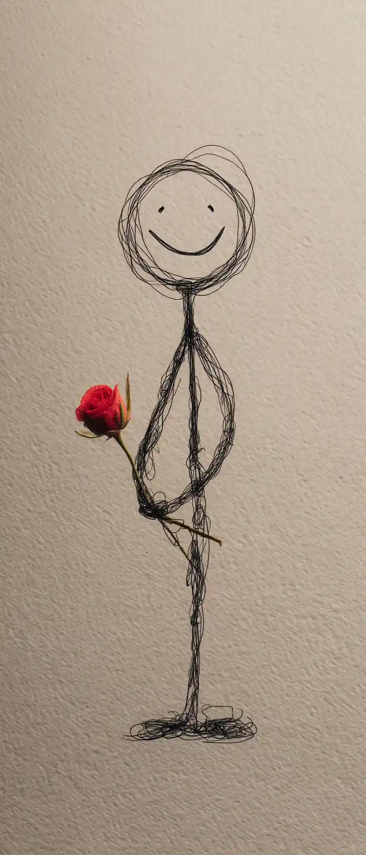 Uma figura de palitos sorridente segura uma rosa vermelha realista
