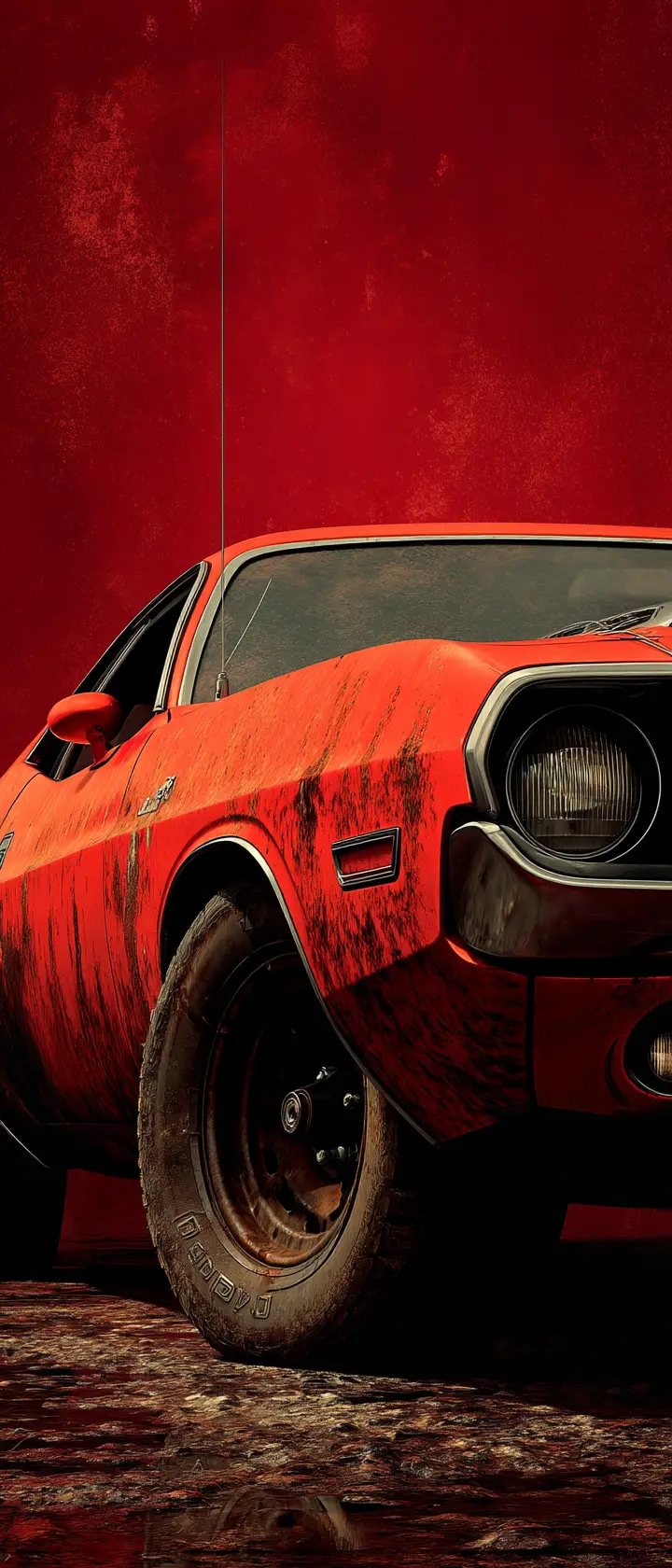 Carro muscle vermelho envelhecido sobre um fundo texturizado com efeito desgastado