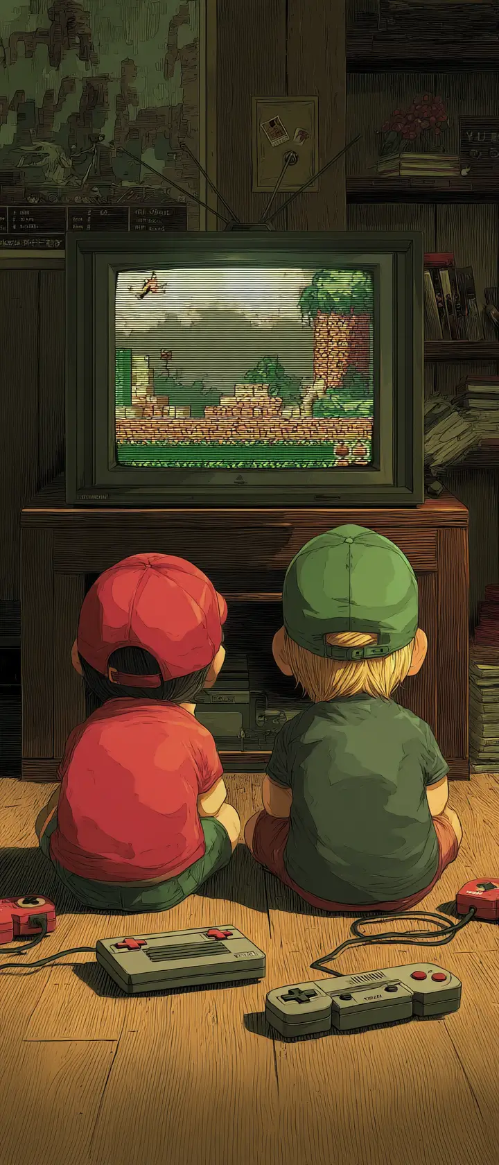 Dois meninos pequenos sentados no chão, de costas, a ver uma televisão CRT antiga