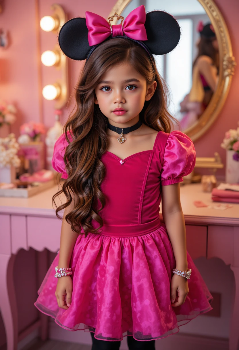 Um menino vestido de princesa da Minnie Mouse está diante de uma penteadeira