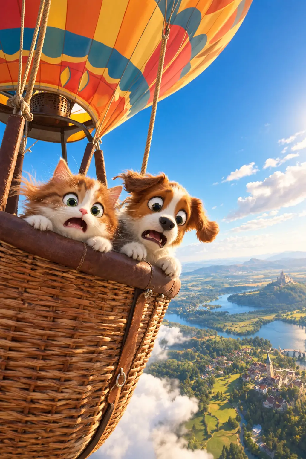 アニメ風の子猫と犬がカラフルな熱気球に乗る