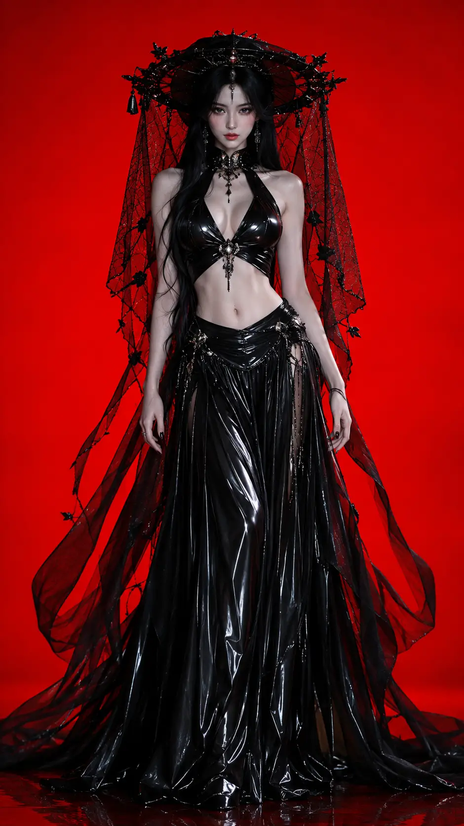 Uma mulher de fantasia gótica com roupa preta brilhante e chapéu de rede