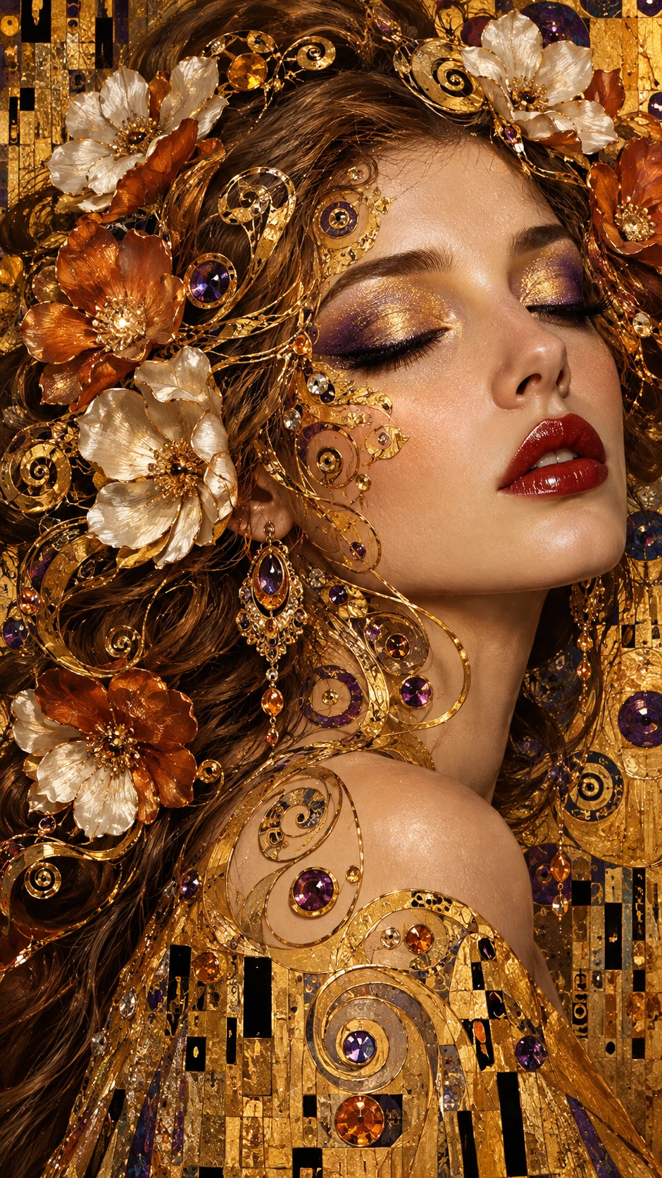 Uma mulher de fantasia de olhos fechados, adornada com filigrana dourada intrincada