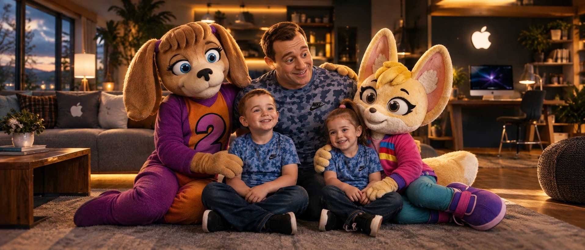Uma esposa fantasiada de mascote de cachorro ajuda o marido nos cuidados com a família