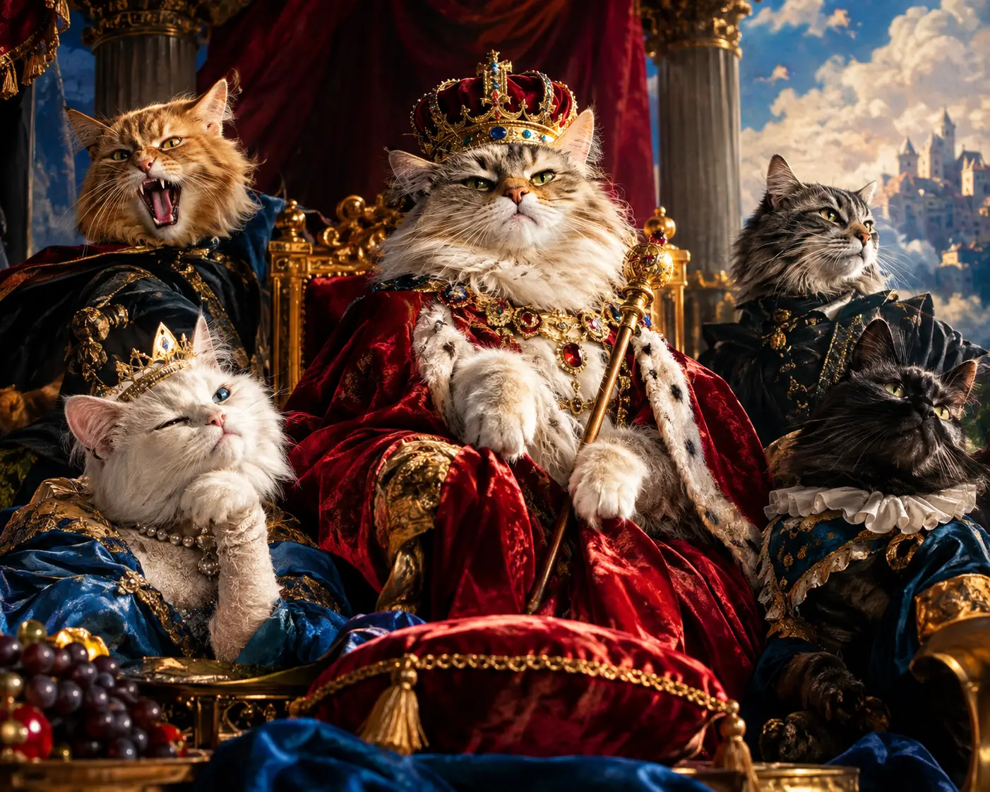 Gatos majestosos em uma cena dramática de novela barroca