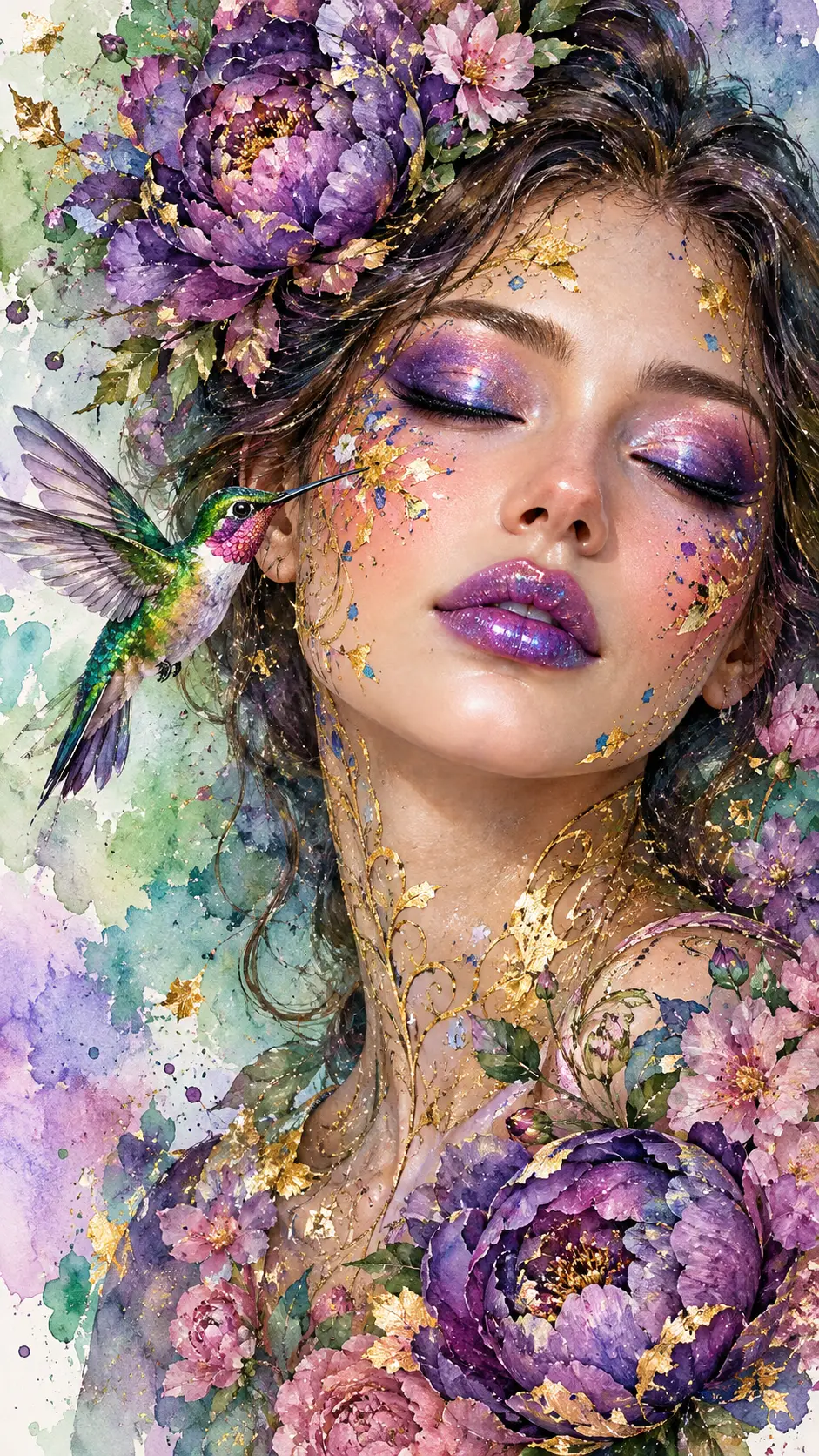 Retrato surrealista de uma mulher de olhos fechados entre peónias roxas em flor