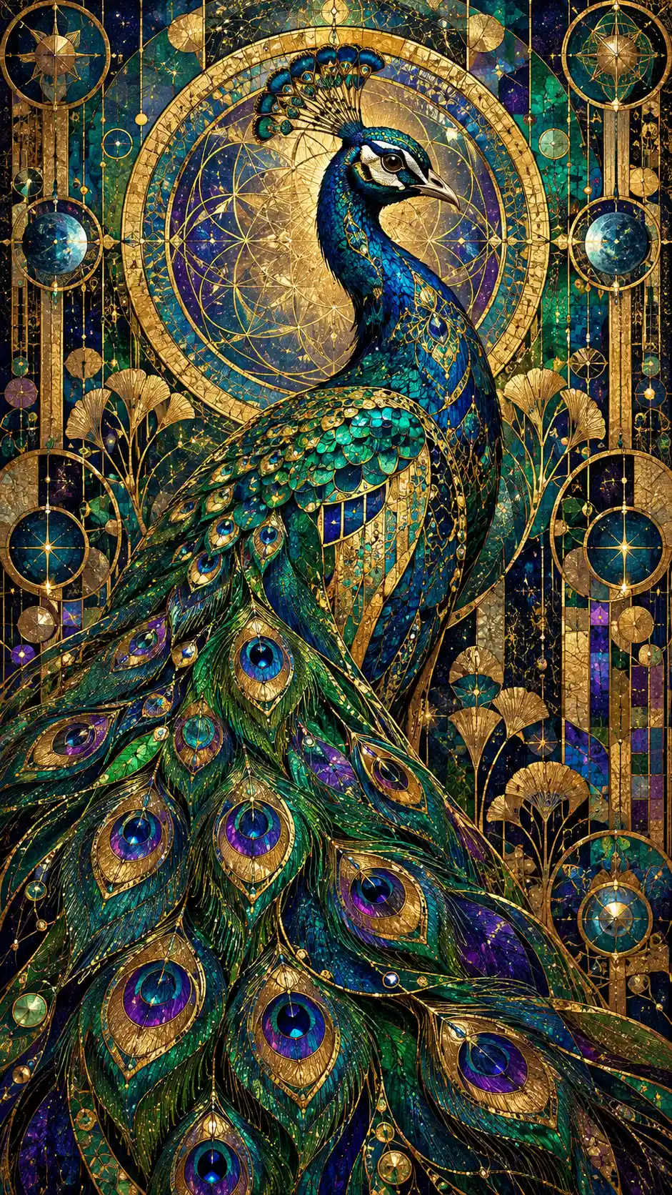 Um majestoso pavão adornado com filigranas douradas em um mosaico celestial