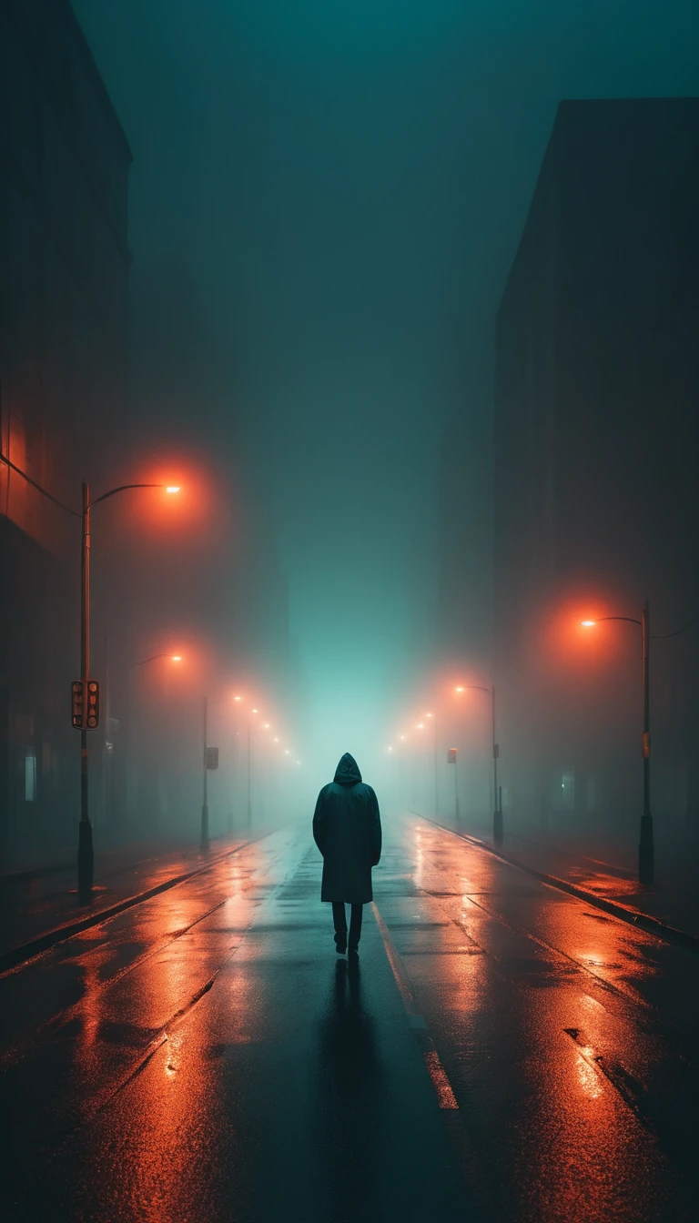 Um pedestre solitário caminha pelo nevoeiro sob a luz de postes noturnos