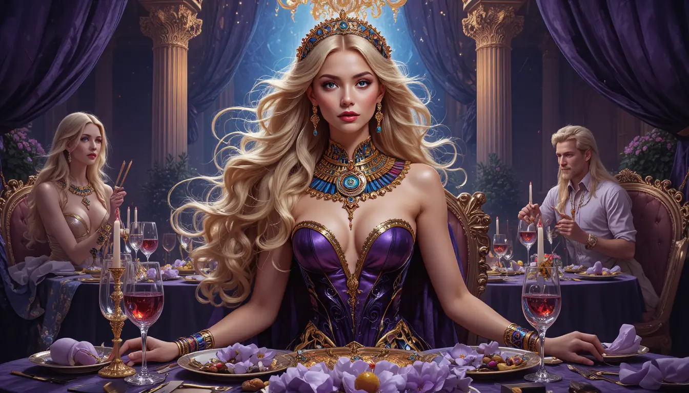 Um jantar glamouroso em um cenário místico de fantasia sombria