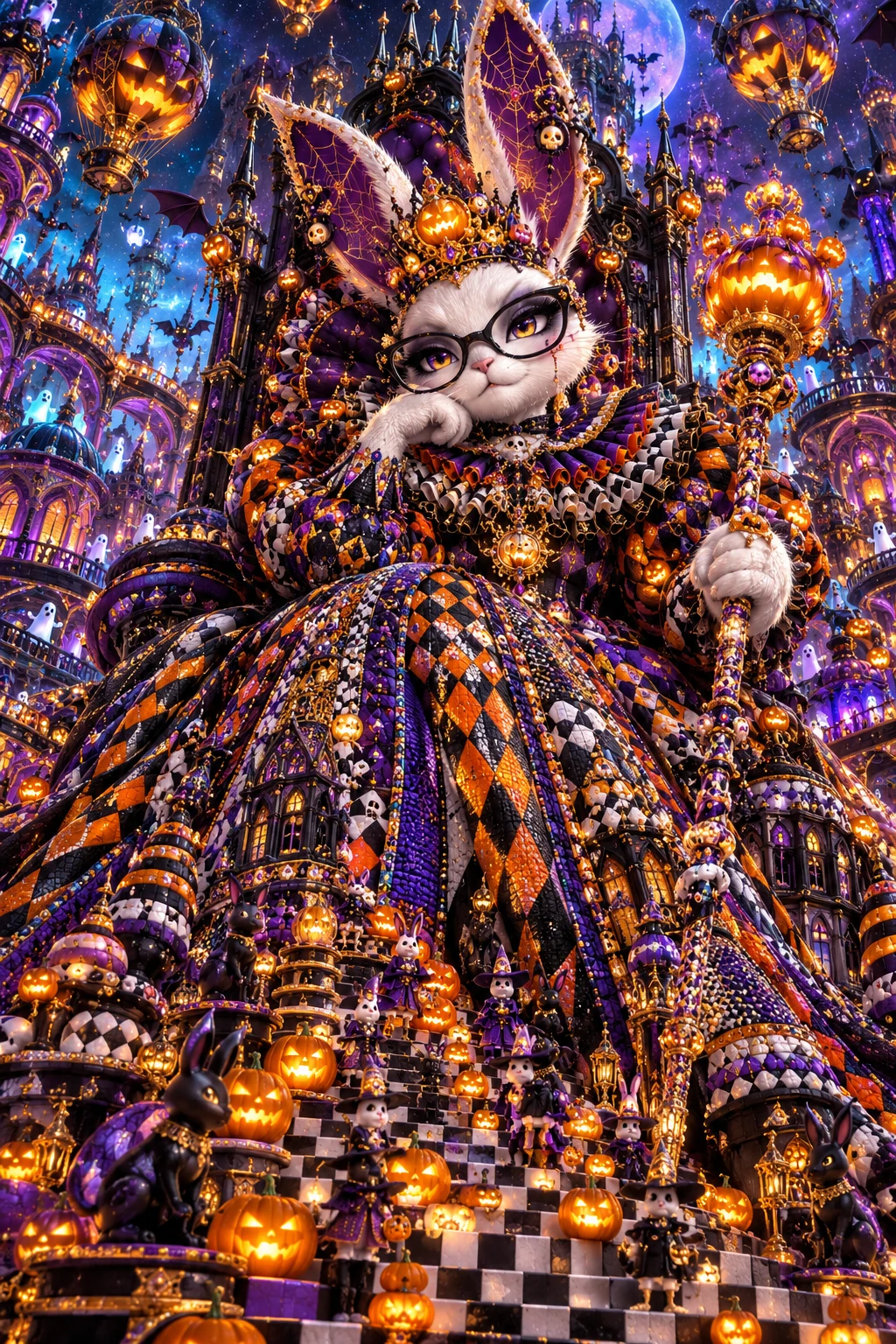 Uma rainha coelha de Halloween senta-se num trono gótico ornamentado