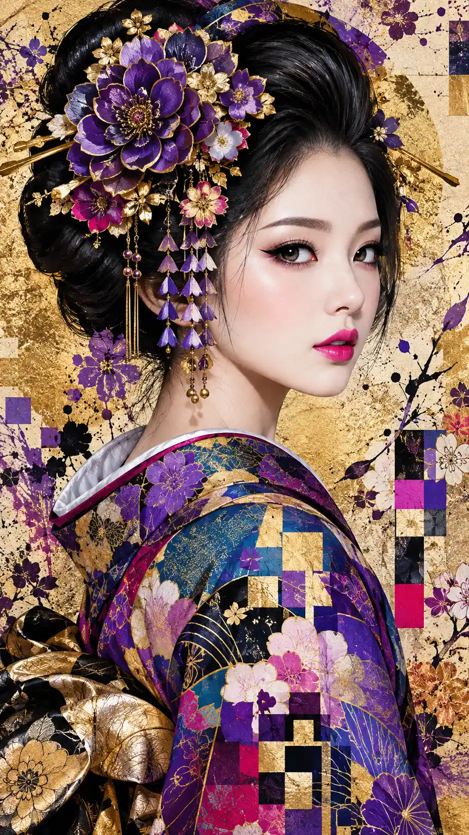 Geisha-Porträt mit violetten und goldenen Kanzashi-Blüten