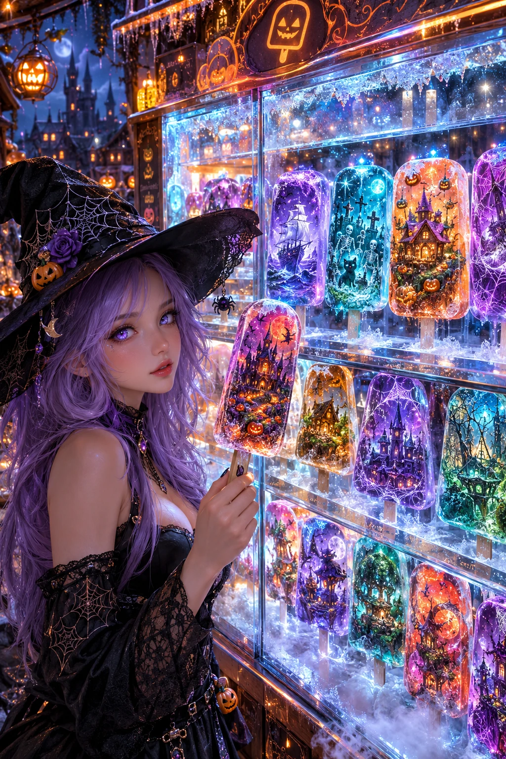 Uma pitoresca sorveteria de Halloween brilha à noite