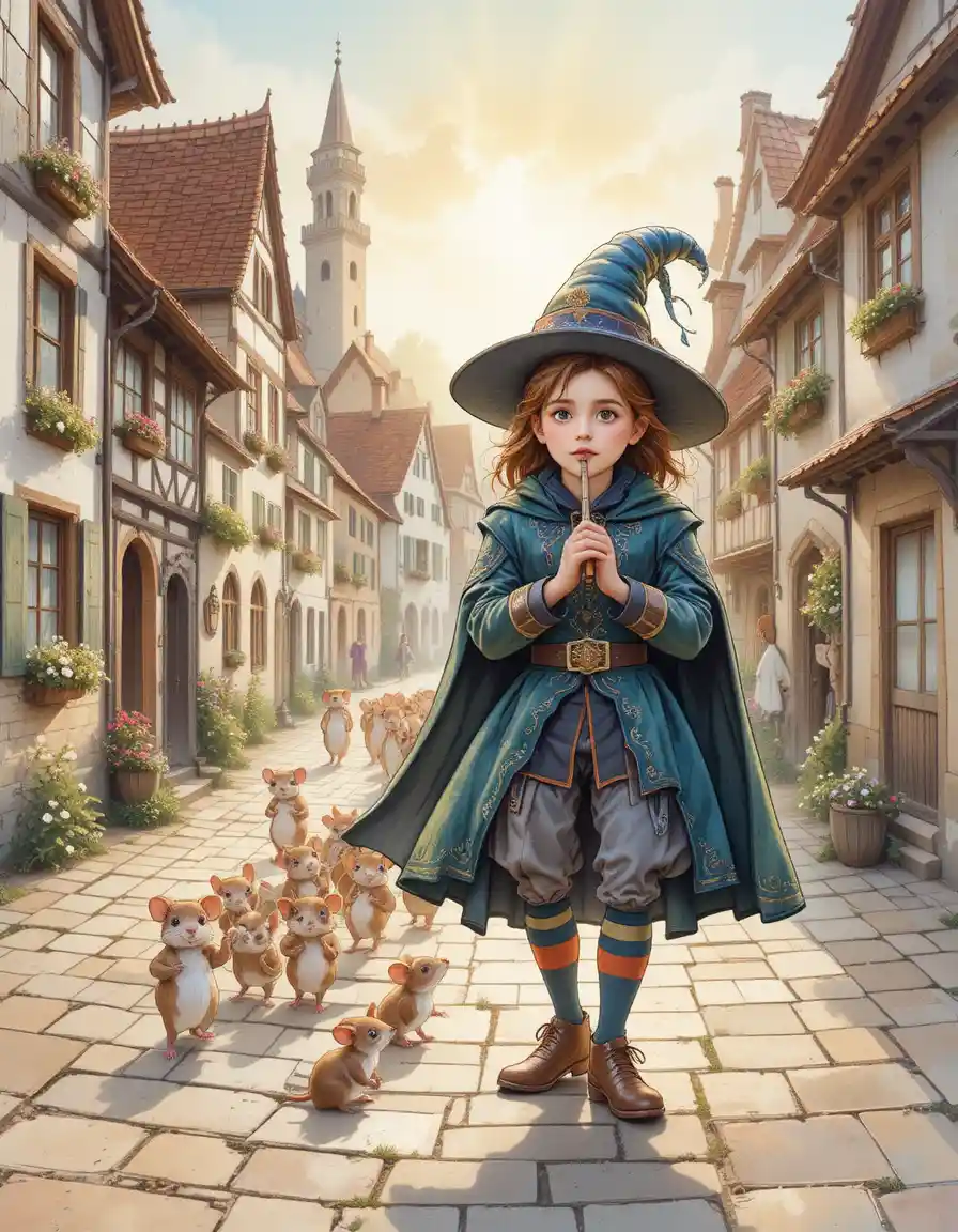 O Flautista de Hamelin conduz ratos por uma rua de paralelepípedos em uma cidade medieval