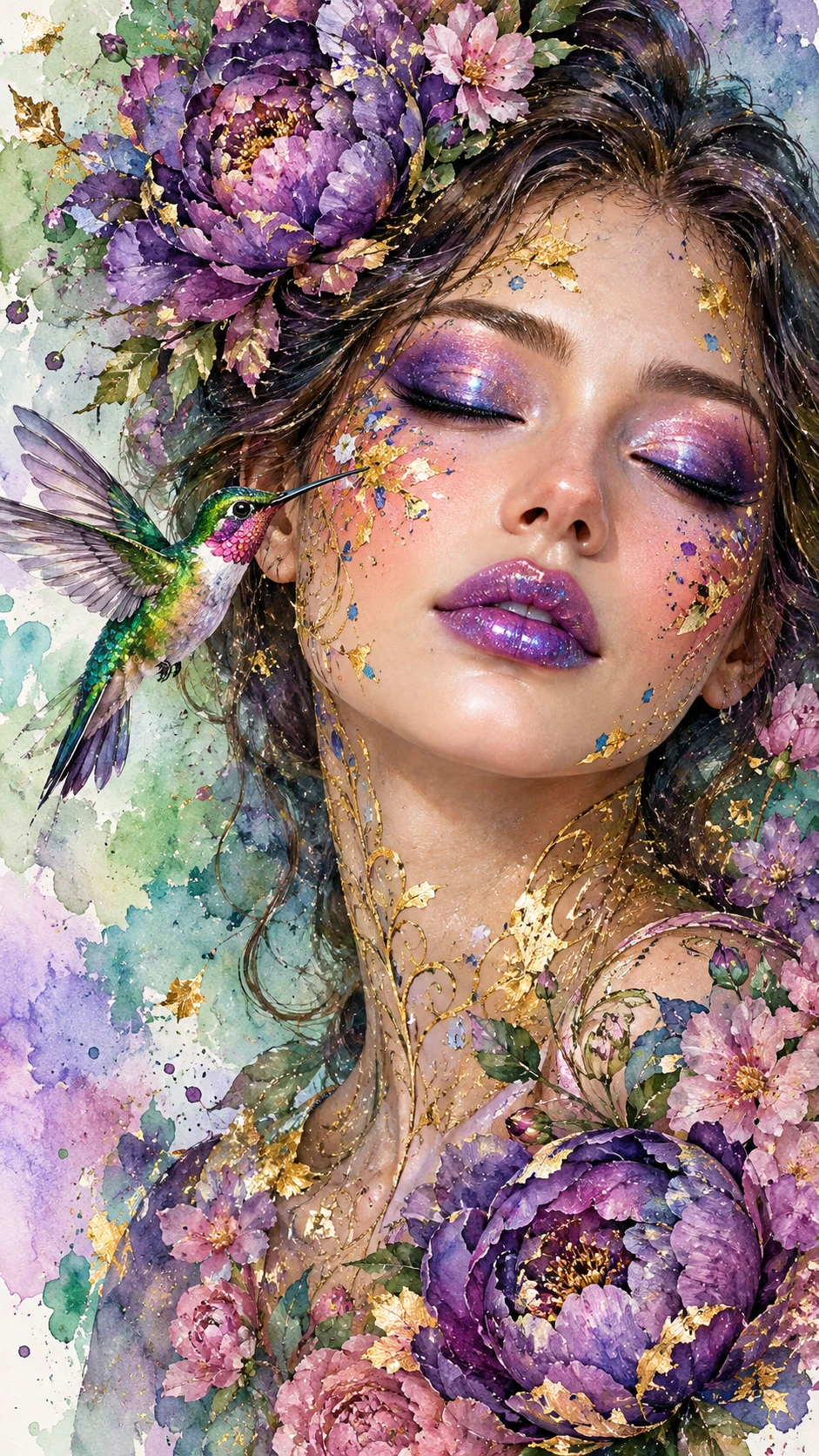 Retrato surrealista de uma mulher de olhos fechados entre peónias roxas em flor