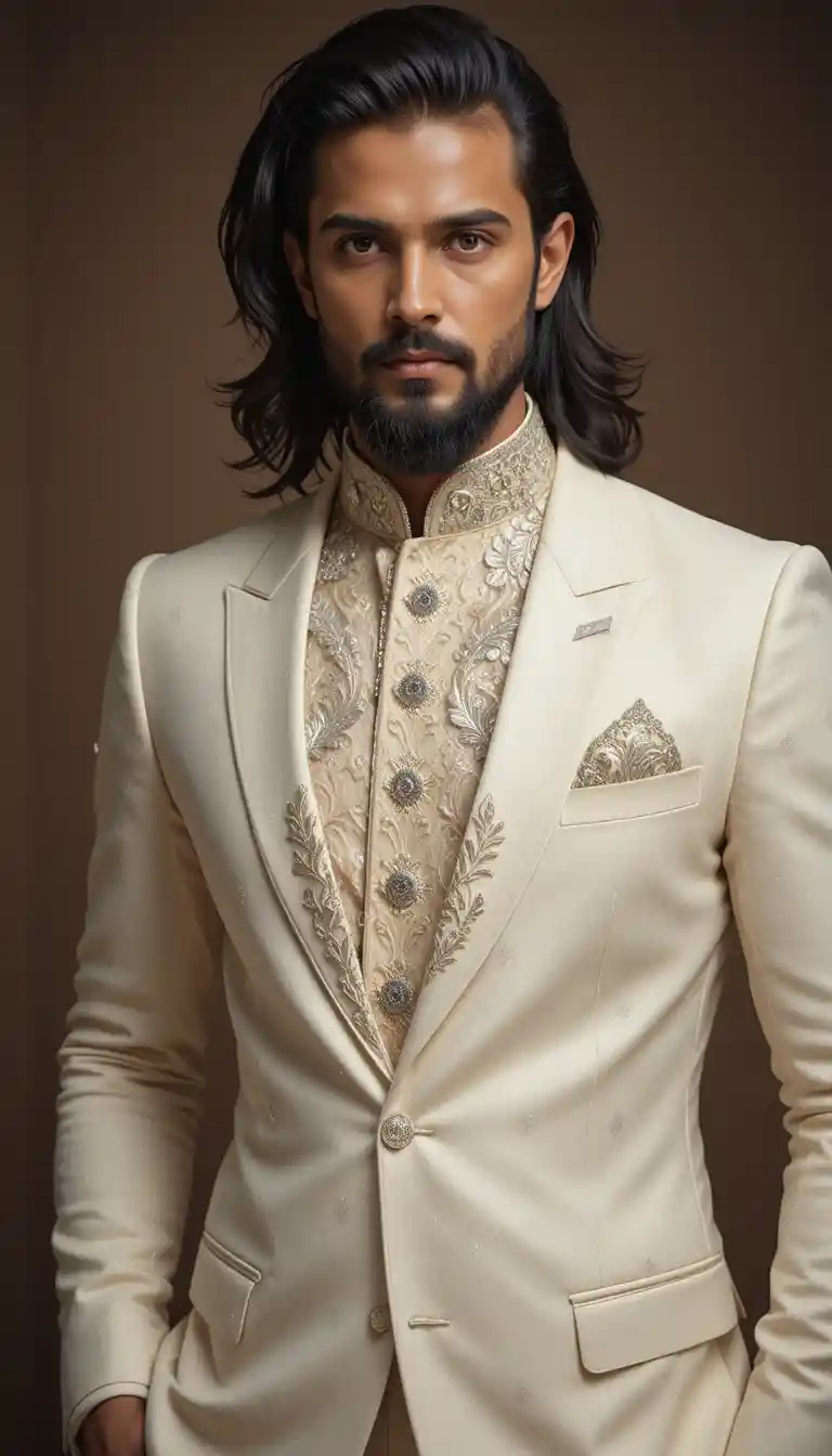 Homem com traje bandhgala creme diante de um fundo marrom discreto
