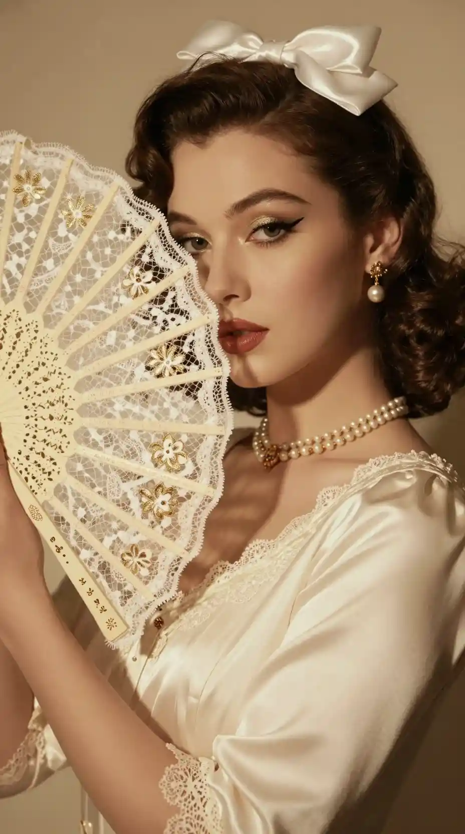 Jovem com um leque de renda no glamour vintage de Hollywood