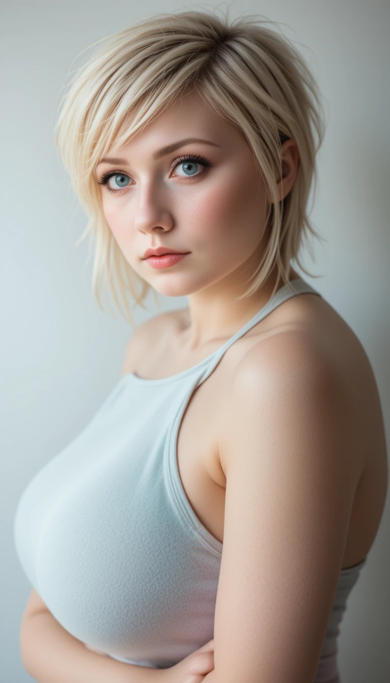 Uma mulher de 18 anos inclina-se para a frente usando um top halter em tons pastel