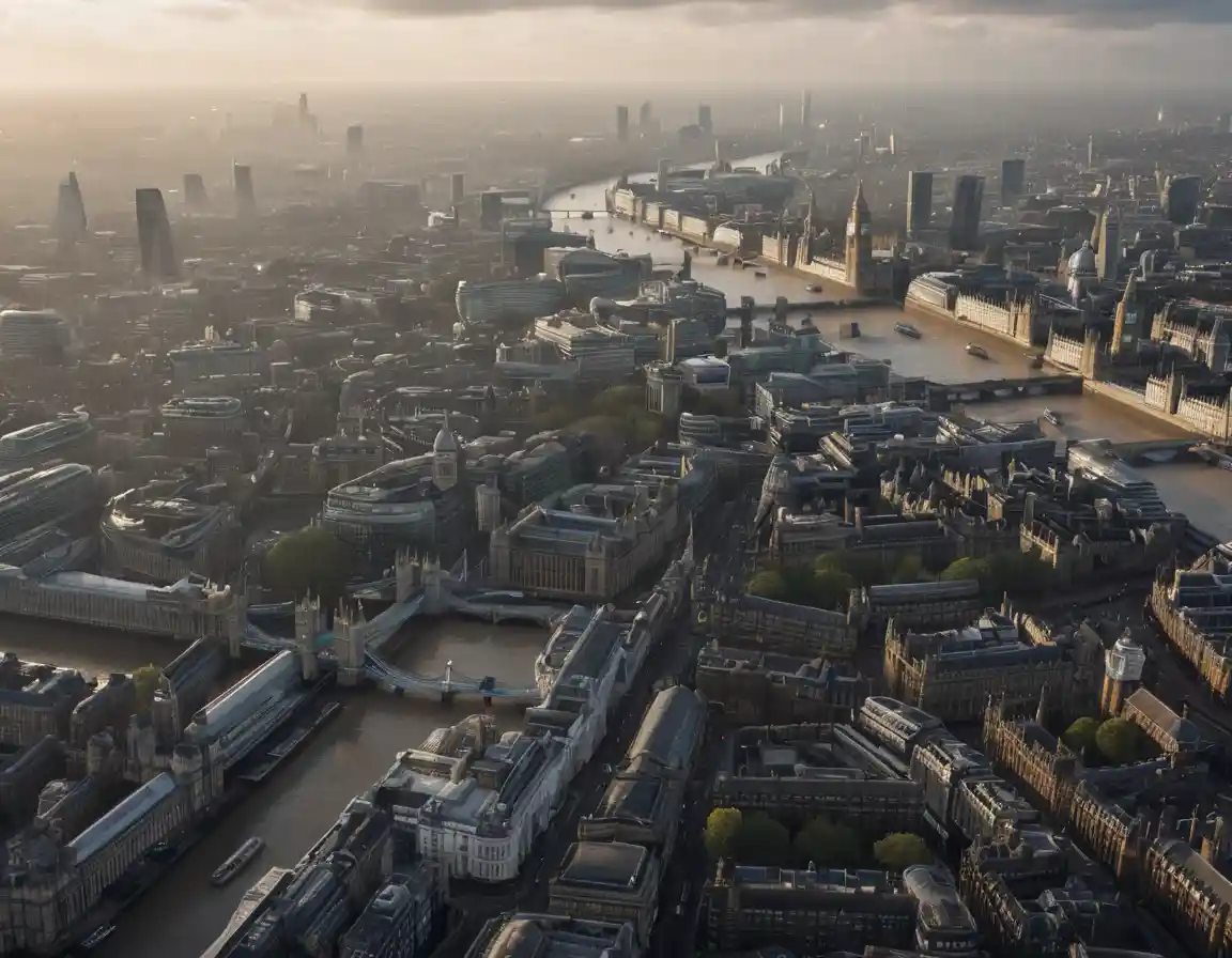 Uma vista panorâmica de Londres sob um céu encoberto ao amanhecer, por volta de 1910