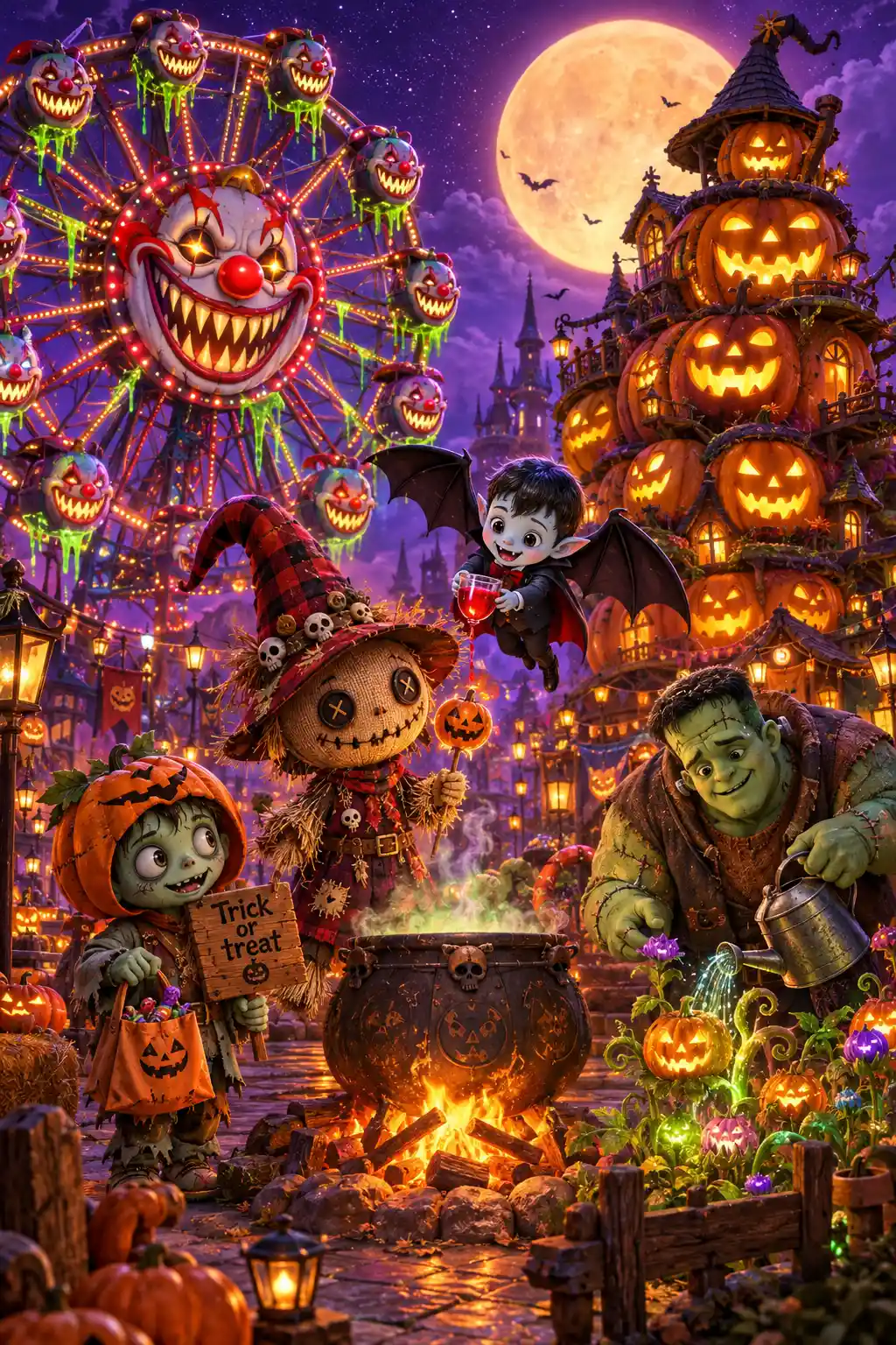 Uma praça de parque de Halloween encantadora sob uma lua da colheita brilhante