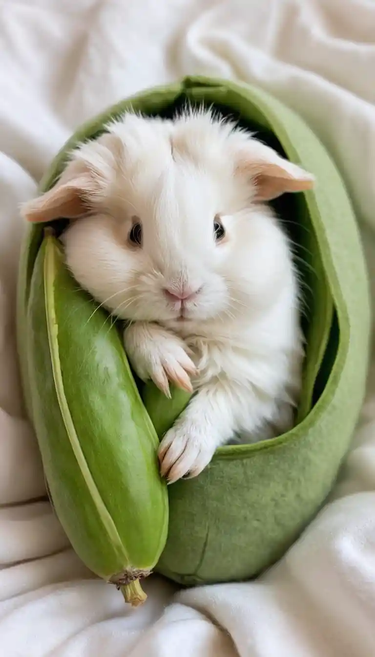 ふわふわのアンゴラモルモットがエンドウ豆のさやのぬいぐるみを抱いて眠る
