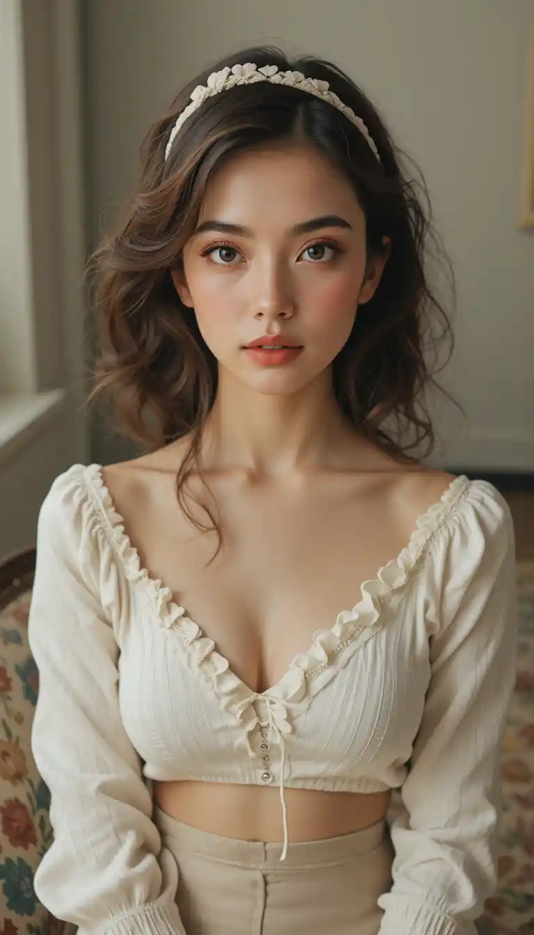A Vintage Inspired Portrait Of A Woman In A Ruffled Ivory Top