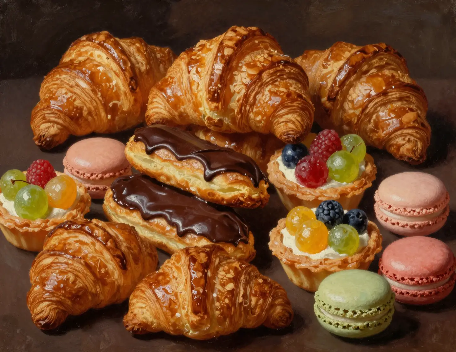 Uma pintura a óleo barroca de doces europeus empilhados em abundância