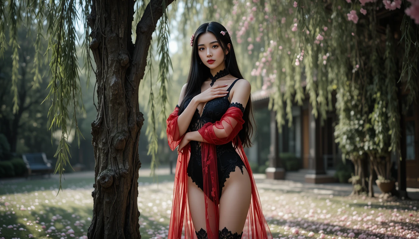 Uma mulher vietnamita posa sob um salgueiro num jardim chinês