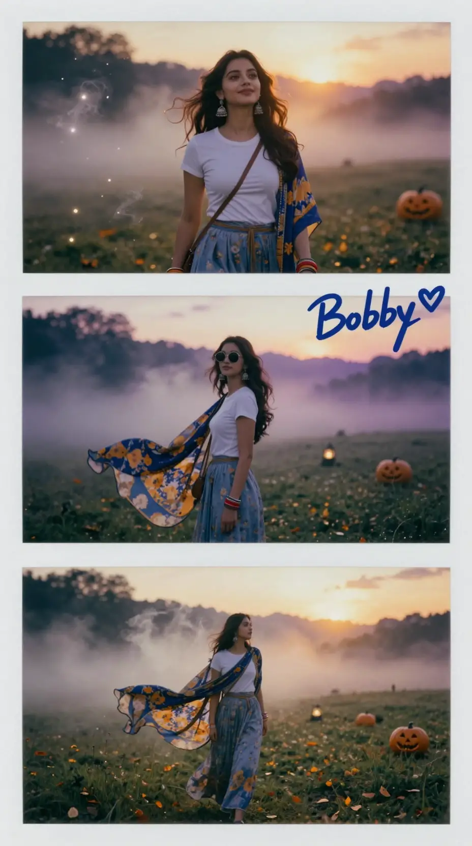 Uma jovem olha para o alto sob um pôr do sol radiante de Halloween no campo