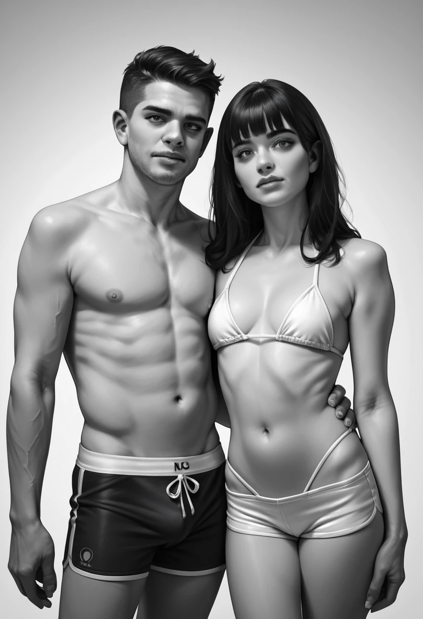 Dois modelos de moda praia posam num editorial de moda a preto e branco