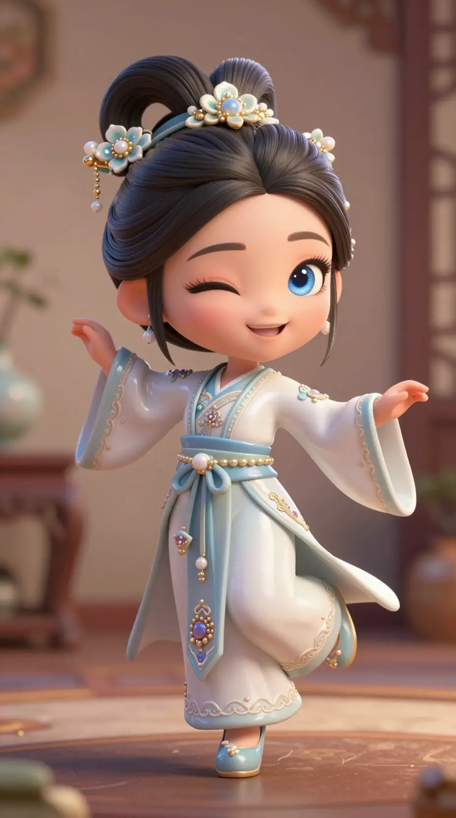Estatueta de porcelana de uma menina dançando com um traje wuxia de seda bordada