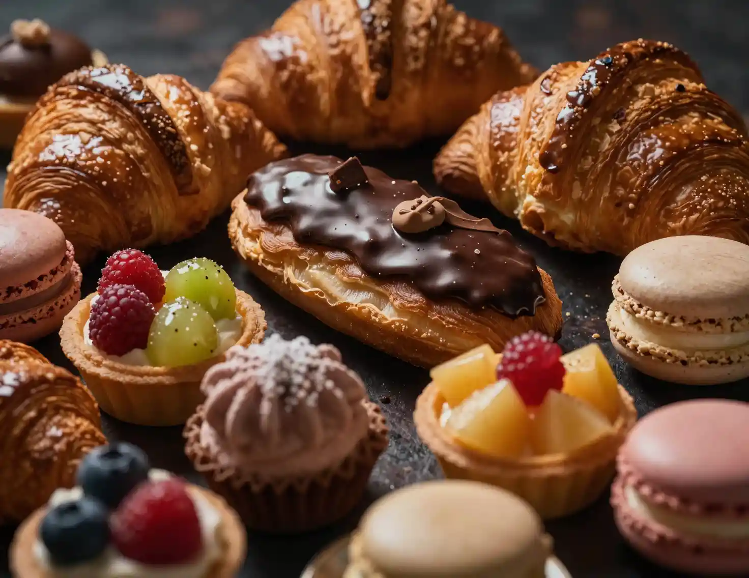 Uma pilha caótica de doces europeus a brilhar sob uma iluminação teatral