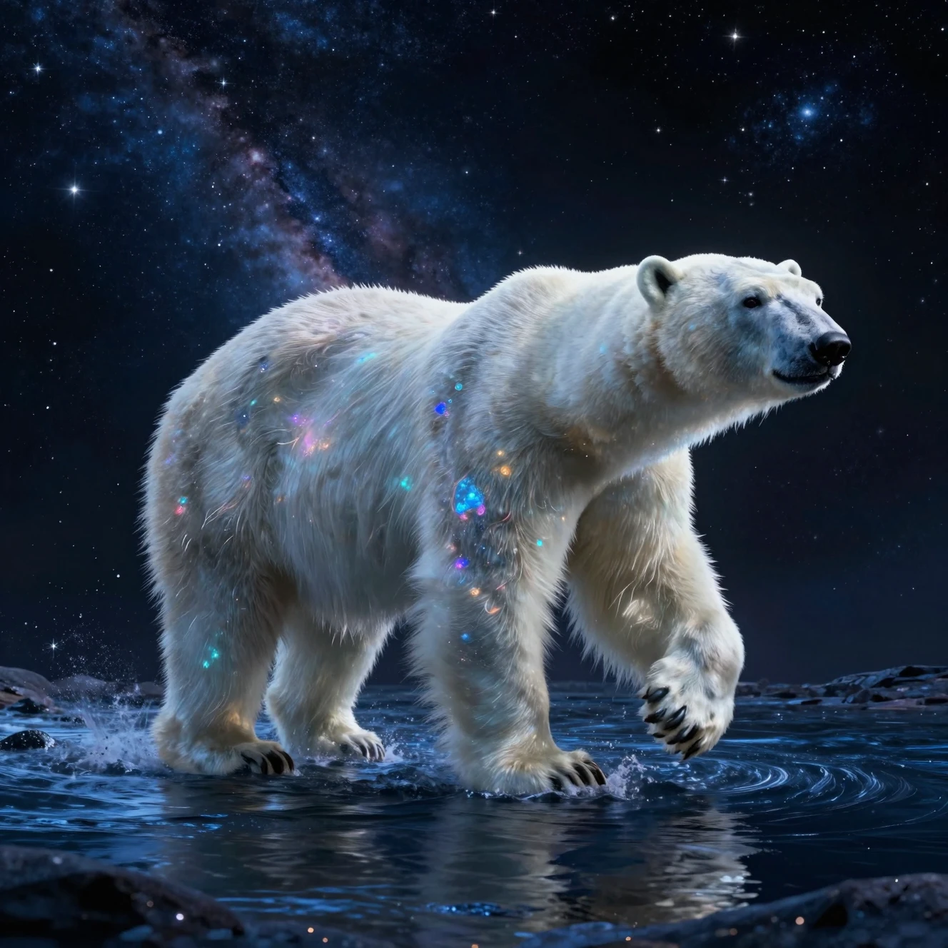 Um urso-polar galopa por um rio de estrelas no espaço profundo