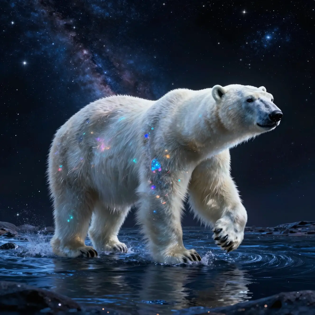 Um urso-polar galopa por um rio de estrelas no espaço profundo