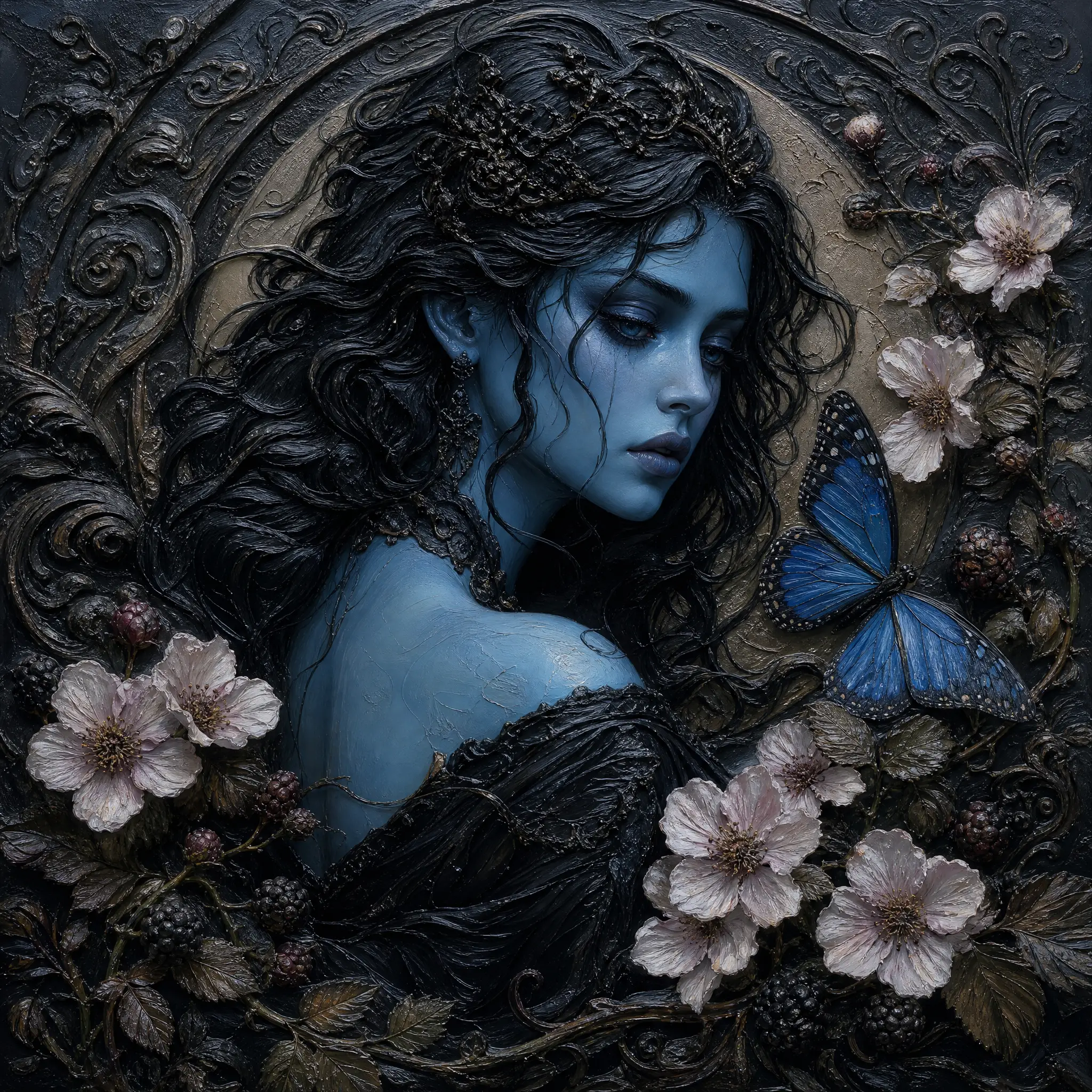 Uma Baobhan Sith vestida de preto com uma borboleta azul sobre uma flor de amora-preta