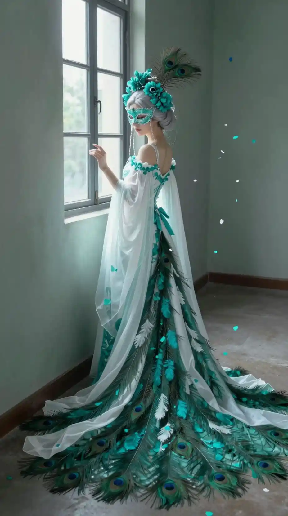 Mulher mascarada com um vestido de penas de pavão junto a uma janela alta