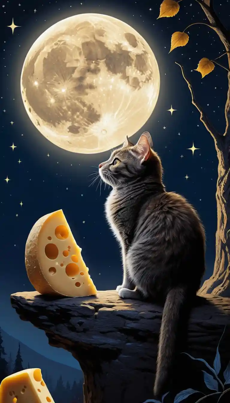 Um ratinho mordisca uma lua em forma de queijo no céu noturno