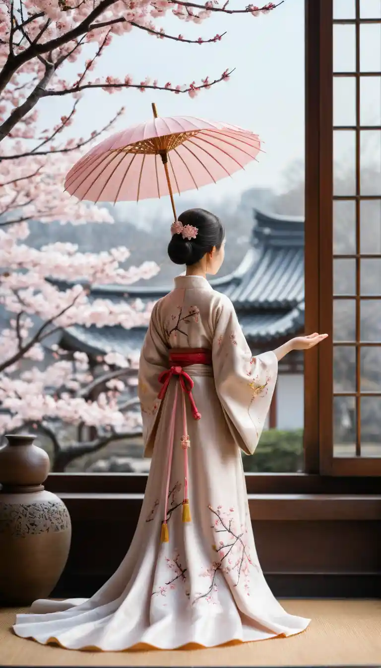 Une petite silhouette traverse un jardin de cerisiers en fleurs brodé