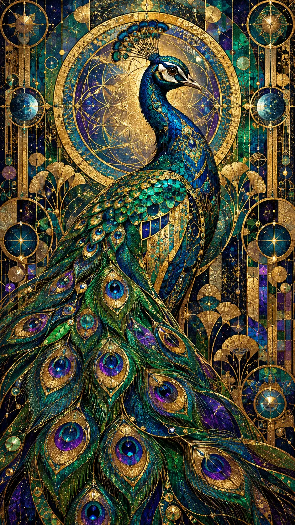 Um majestoso pavão adornado com filigranas douradas em um mosaico celestial