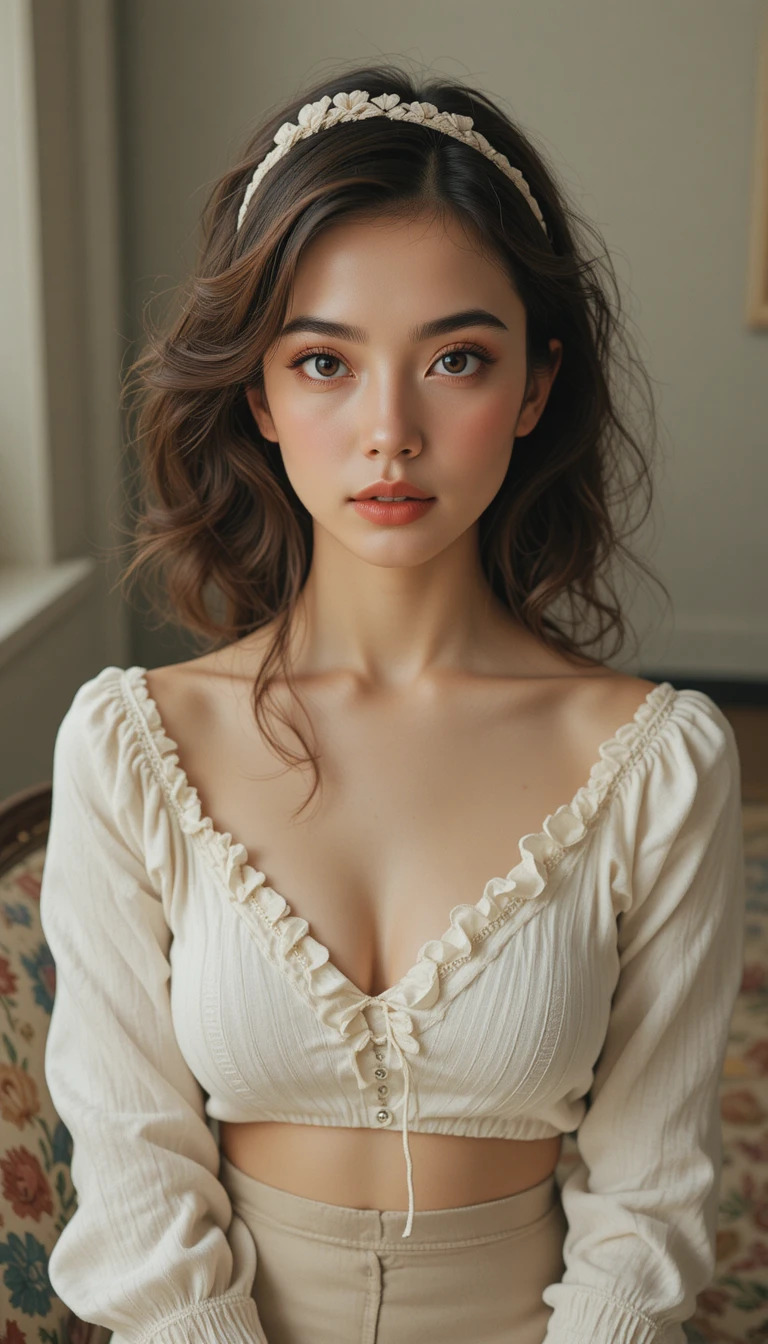 A Vintage Inspired Portrait Of A Woman In A Ruffled Ivory Top
