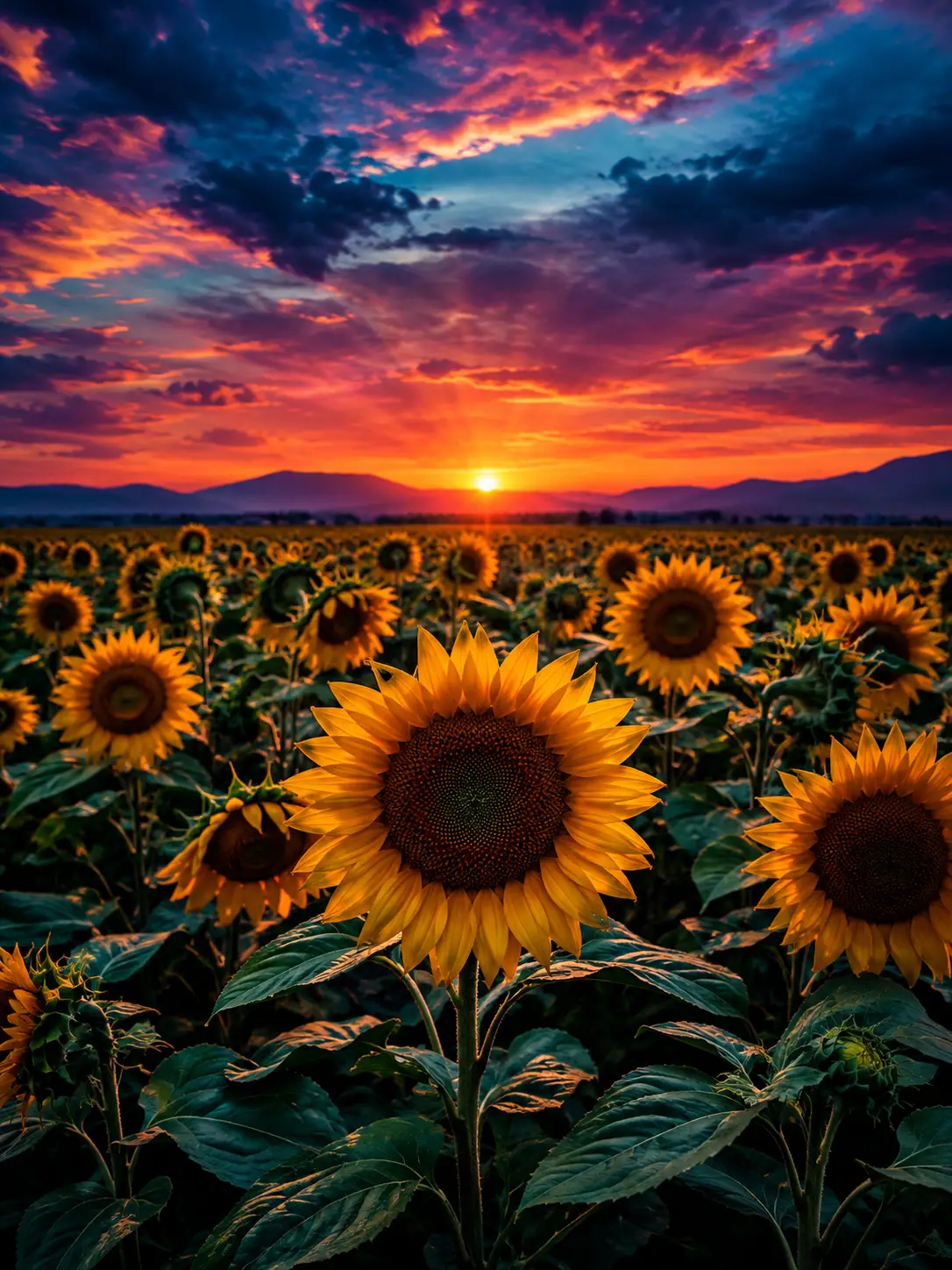 Girassóis cobrem um campo sob um céu de cores vibrantes e inusitadas