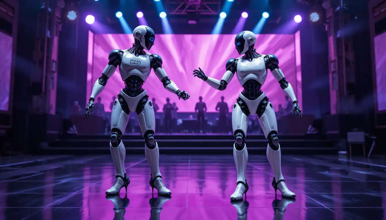 Dois robôs humanoides dançam juntos num palco refletor