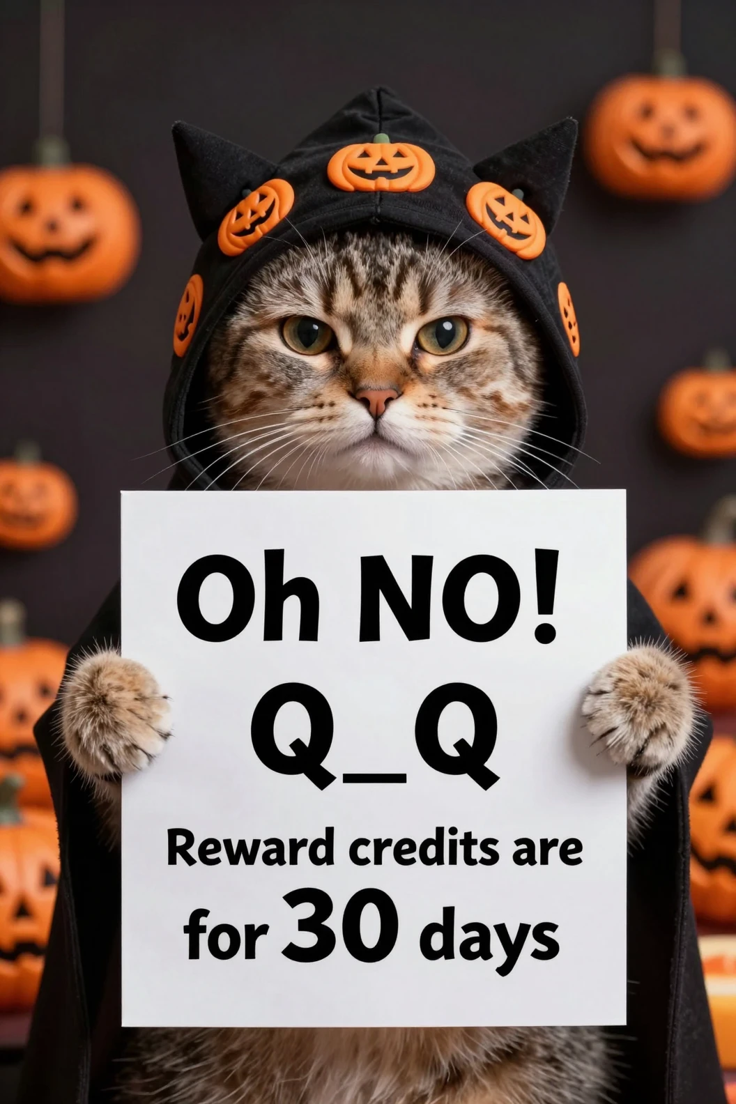 Un chat triste à capuche tient une pancarte en papier parmi de nombreuses citrouilles d’Halloween