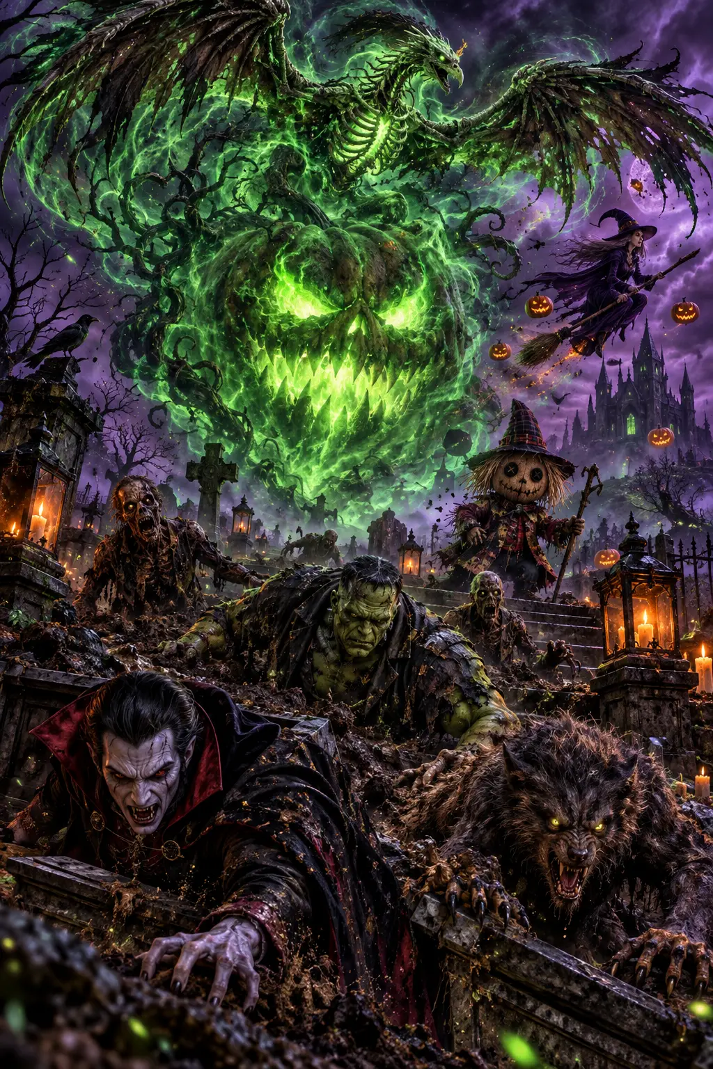Um monstro de Halloween desperta num cemitério assombrado envolto em nevoeiro