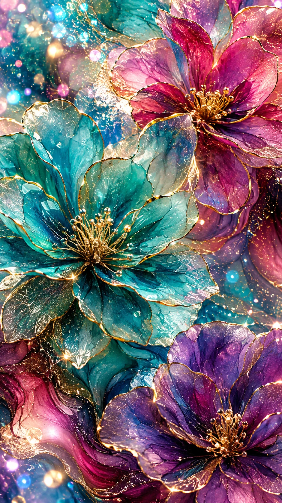 Flores vibrantes em tons de teal e magenta em um papel de parede abstrato de resina com clima onírico