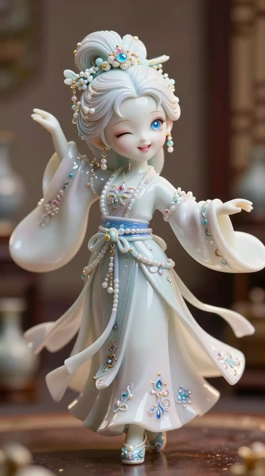 Uma estatueta de porcelana dança em ambiente interno com traje wuxia bordado
