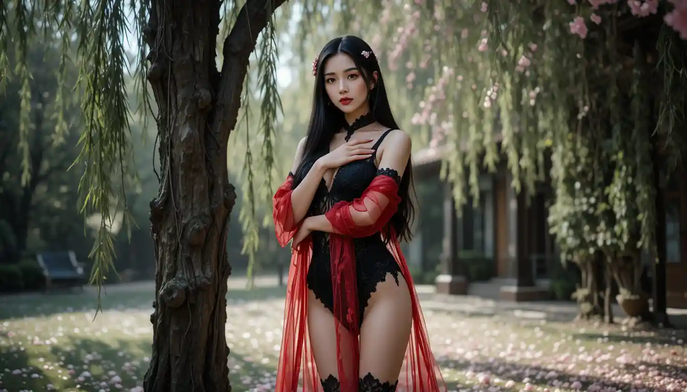 Uma mulher vietnamita posa sob um salgueiro num jardim chinês