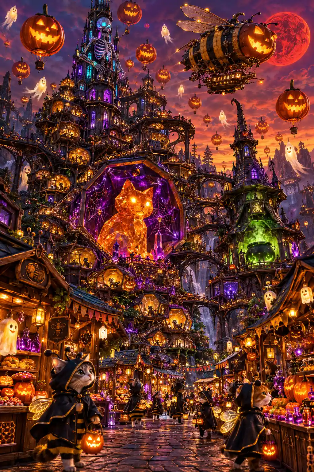 Gatos antropomórficos passeiam por um mercado de Halloween iluminado sob uma lua vermelha