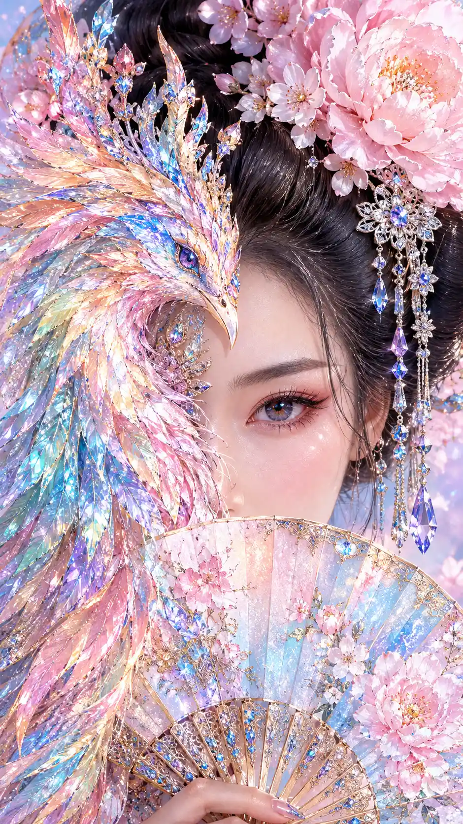 An Asian woman with half her face veiled by a crystal phoenix
