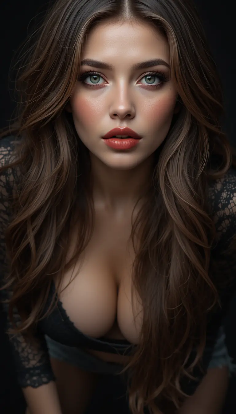 Retrato fotorrealista em close-up de uma mulher com blusa de renda